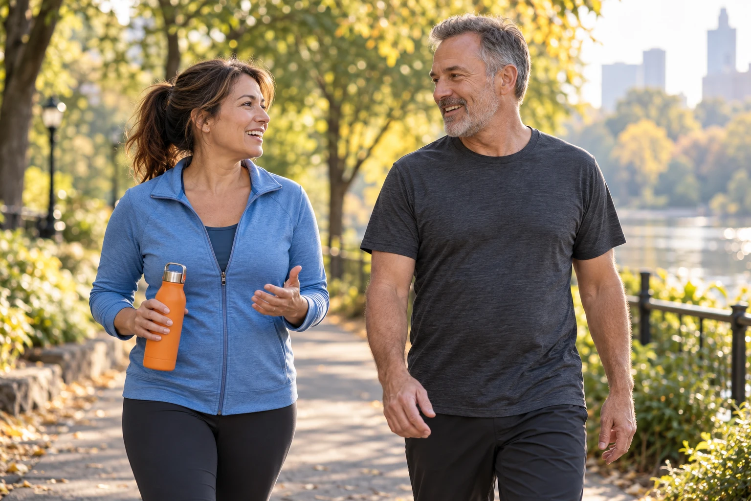 Two adults enjoying a walk together in a leafy park
